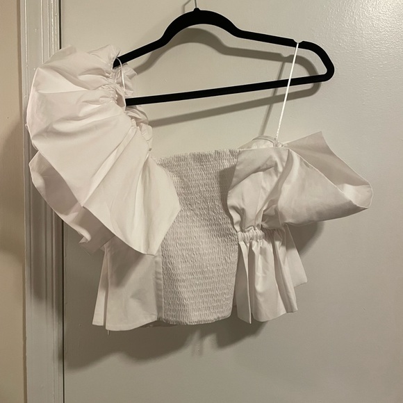 Rare! Zara Blogger White Cotton Poplin Ruffle One Shoulder Bustier Top S - Picture 6 of 11